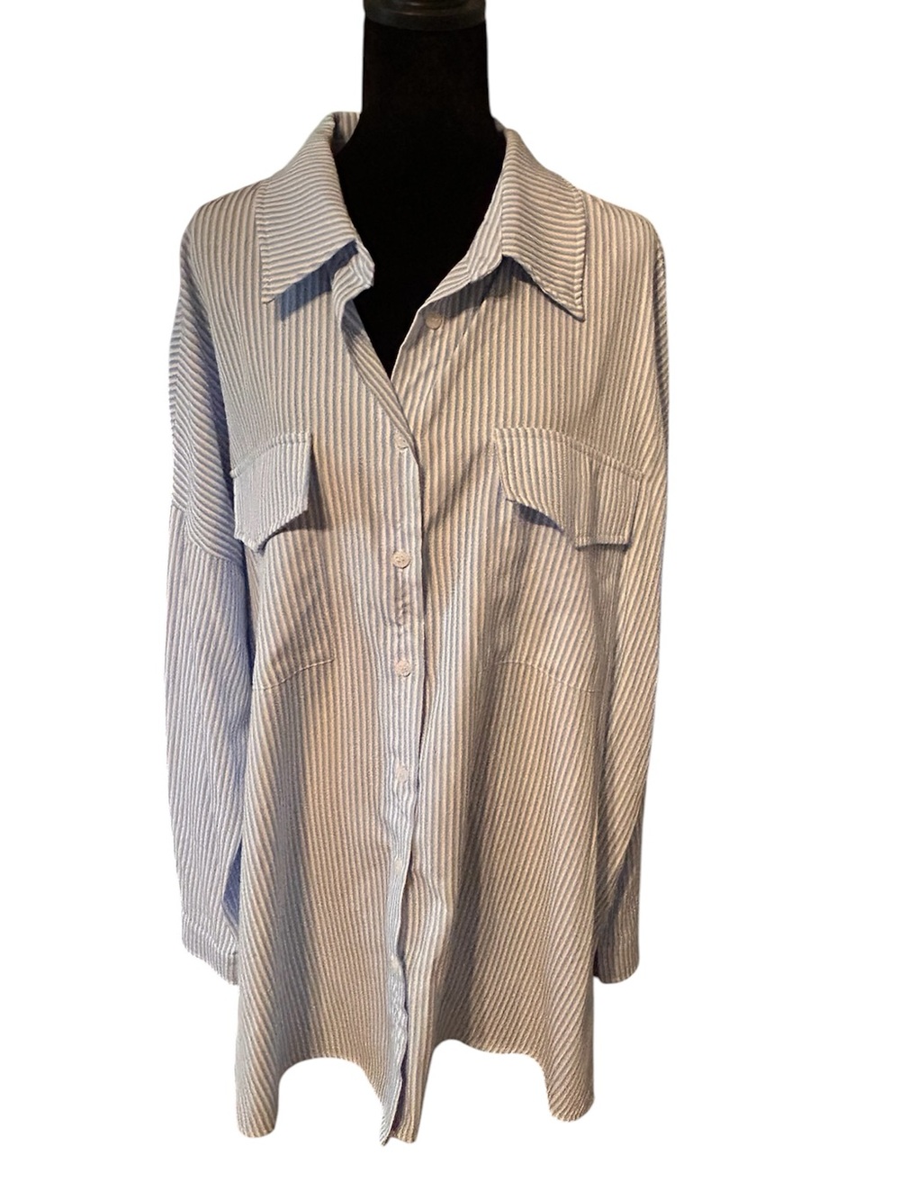 JODIFL Blue & White Striped Shirt Dress-Plus 2XL